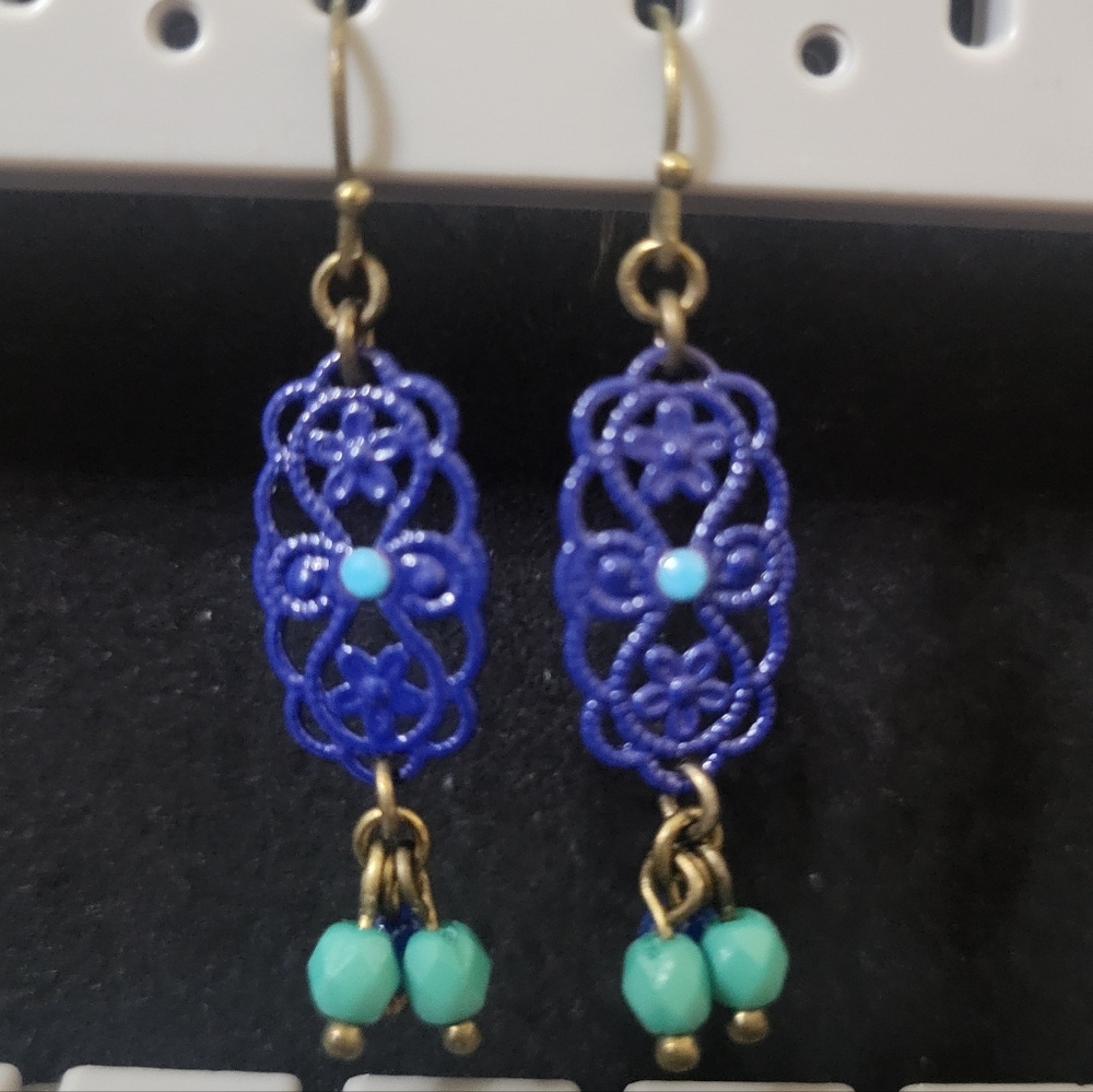 Turquoise Blue Color Beaded Charm Necklace Pendant And Earrings Set OHQ - Picture 14 of 14
